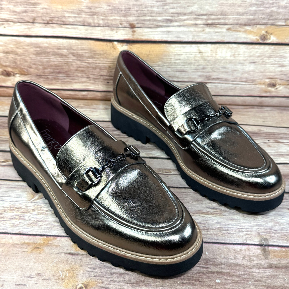 Franco Sarto Womens Metallic Pewter Faux Leather Chunky Sole Colette Loafers 7M
